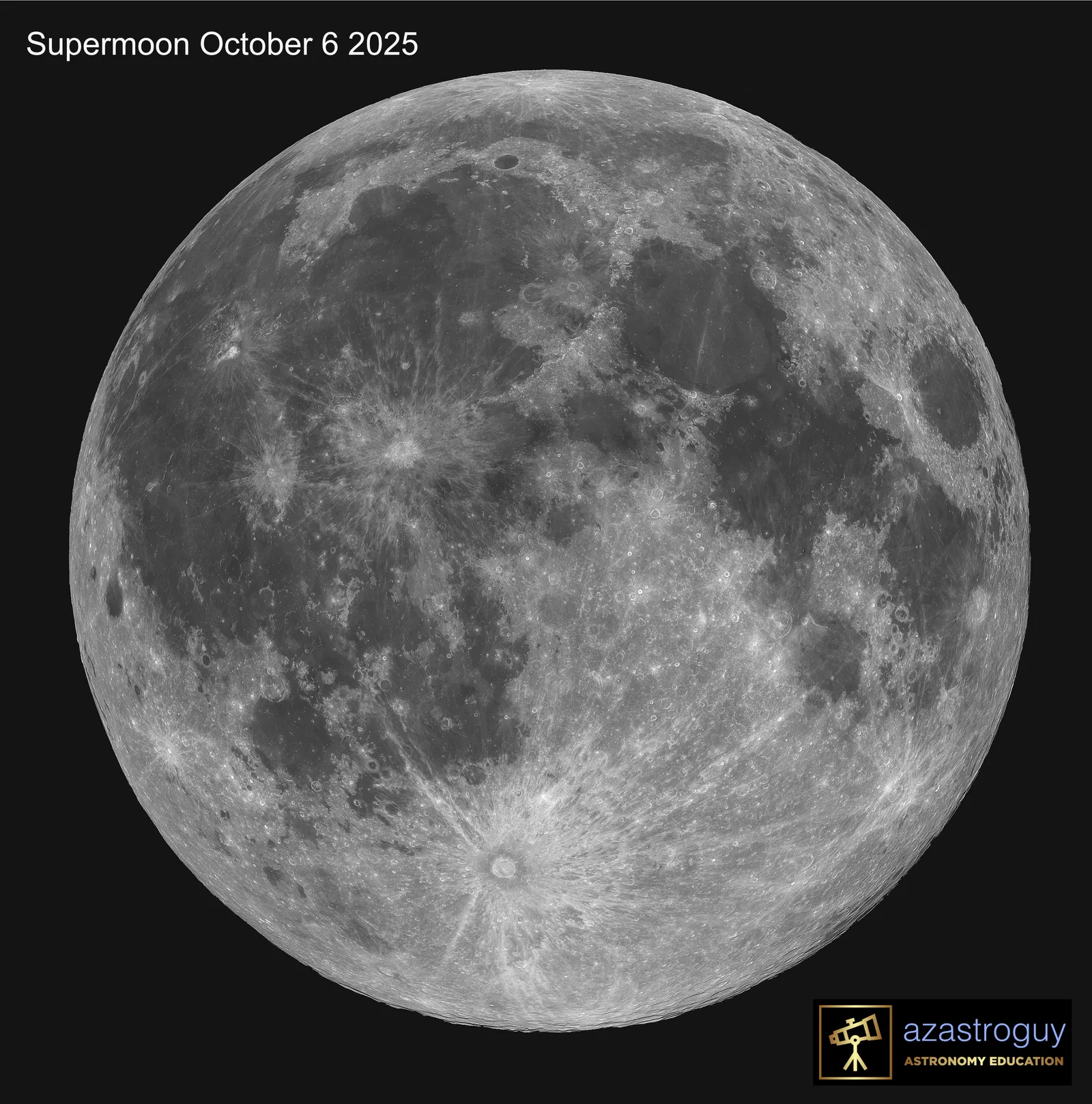 A highly detailed full Supermoon showing craters, maria, and bright ray systems
